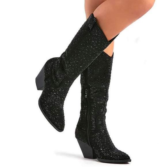 New Black Blingy Rhinestone Knee High Cowboy Boots - Picture 4 of 8